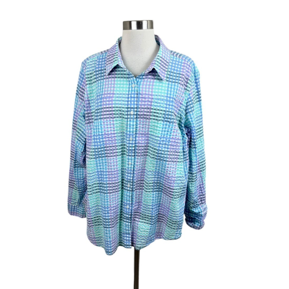 L.L. Bean Vacationland Seersucker Shirt Long Sleeve Plaid Size 1X